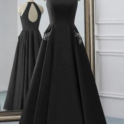 Simple Black Satin Open Back Long Prom Dress