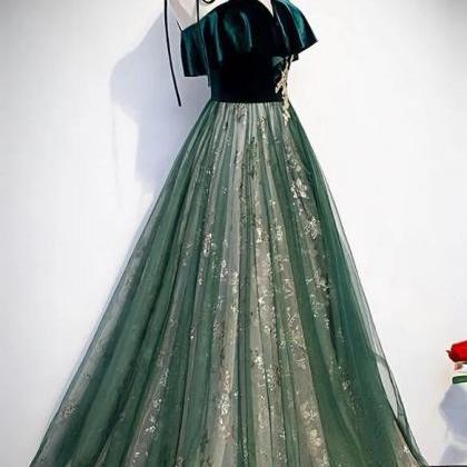 Spaghetti Straps Tulle Lace Green Prom Dresses