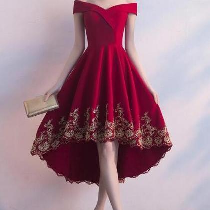 Simple Red High Low Prom Dresses With Gold..