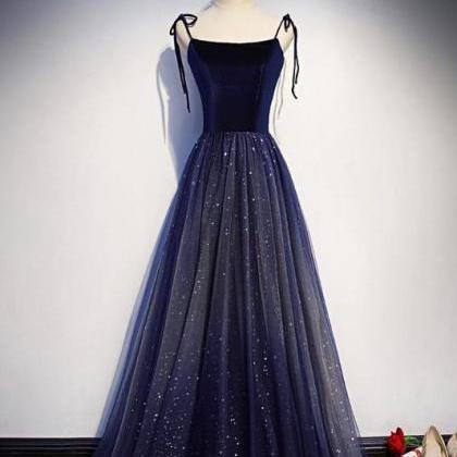 A Line Navy Blue Velvet And Tulle Straps Party..