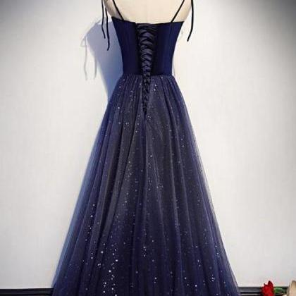 A Line Navy Blue Velvet And Tulle Straps Party..