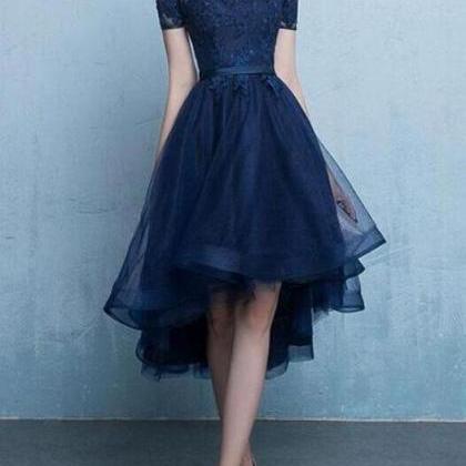 Chic Navy Blue Tulle High Low Prom Dress With Lace..