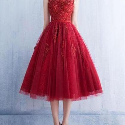 Dark Red Tulle Tea Length Homecoming Dress With..