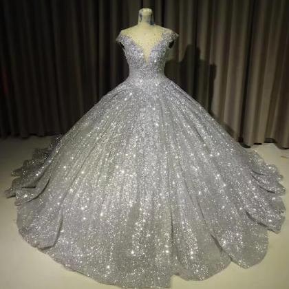 Princess Sparkly Silver Prom Dresses