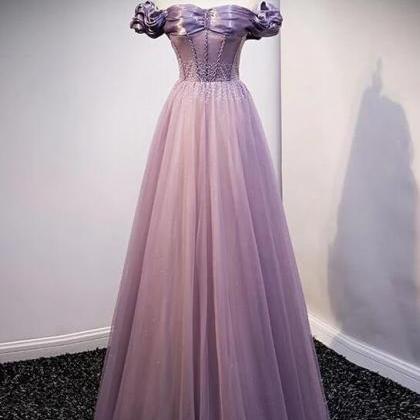 Off The Shoulder Purple Tulle Beading Sequins Prom..