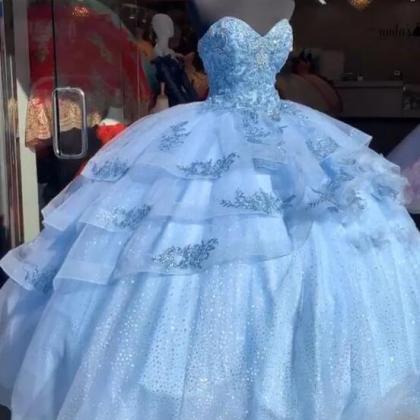 Ball Gown Puffy Blue Prom Dress With Lace