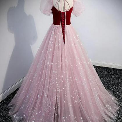 A Line Pink Tulle Prom Dress With Wine Red Velvet