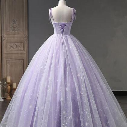 Ball Gown Lavender Tulle Floral Straps Floor..