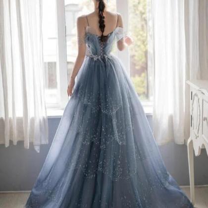 Straps Blue Tulle V-neckline Long Formal Dress