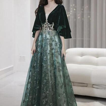 A Line Dark Green Velvet With Tulle Long Party..