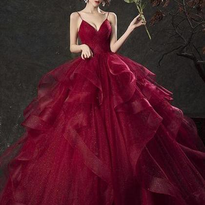 Ball Gown Glam Wine Red Tulle V-neckline Prom..