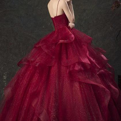 Ball Gown Glam Wine Red Tulle V-neckline Prom..