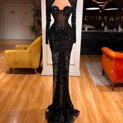 Elegant Black Mermaid Evening Dresses With Long..