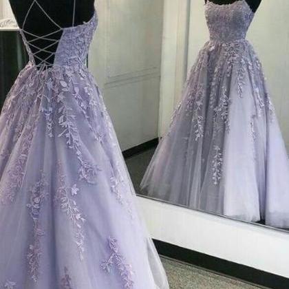Lavender Lace Floor Length Prom Dresses With Lace
