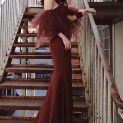 GLAMOROUS WHITE LONG SLEEVES MERMAID EVENING DRESS OFF-THE-SHOULDER SPLIT PROM GOWN,DS3529