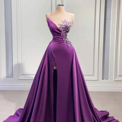 Mermaid Purple Prom Dress With High Slit