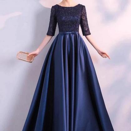 Elegant Navy Blue Half Sleeve Formal Prom Dresses