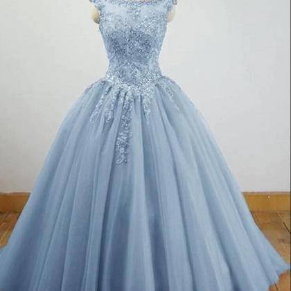 Charming Blue Tulle Long Ball Gown Prom Dress With..