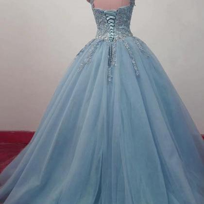 Charming Blue Tulle Long Ball Gown Prom Dress With..
