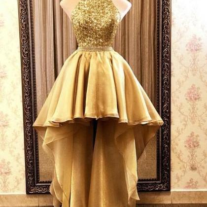 Halter Backless Gold High Low Sequin Organza Prom..