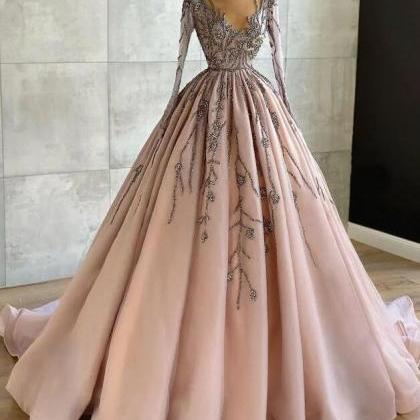 Elegant Ball Gown Luxury Long Sleeve V Neck Prom..