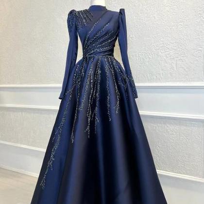 A Line Navy Blue Satin Beaded Faux Muslim Evening..