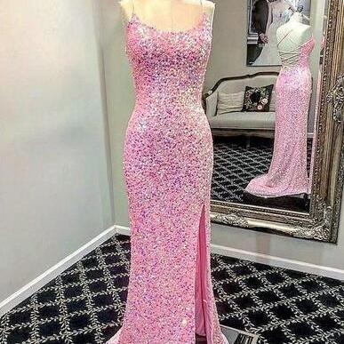 A Line Pink Sequin Cross Back Long Prom Dresses