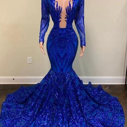Sexy Royal Blue Sequin Long Prom Dress