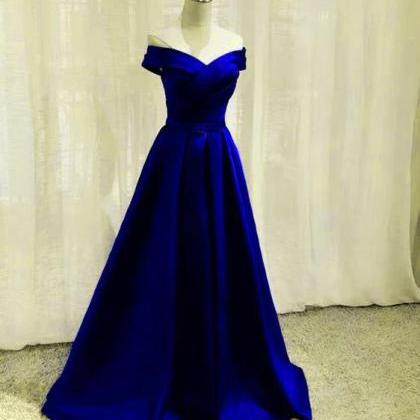 Off The Shoulder Royal Blue Satin Prom Dresses