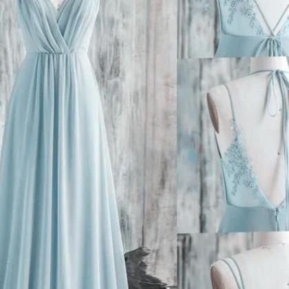 Simple Chiffon Backless Light Sky Blue Prom Dress..
