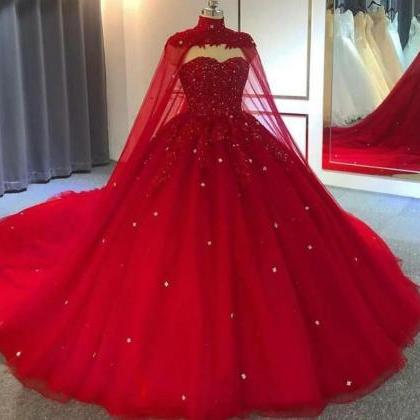 Modest Red Ball Gown Tulle Prom Dresses