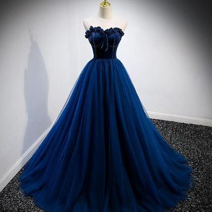 Charming Blue Velvet Tulle Sweetheart A-line Prom..