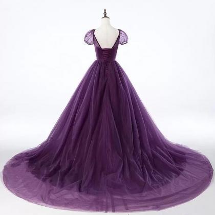 Mermaid Purple Tulle Short Sleeve Evening Dress