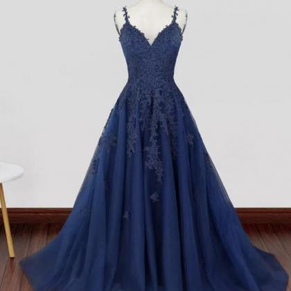A Line Navy Blue V Neck Lace Prom Dresses