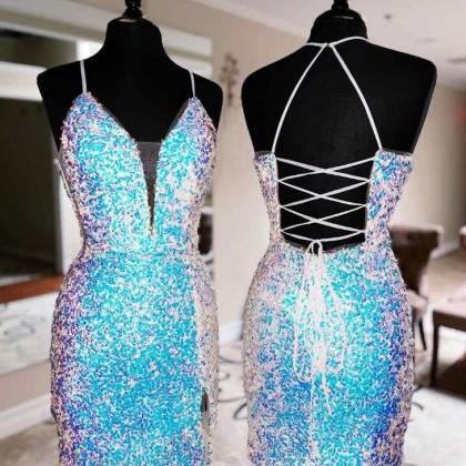 Glitter Plunging V-neck Sequined Homecoming Dress..