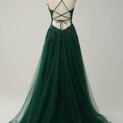 A Line Spaghetti Straps Dark Green Long Prom Dress