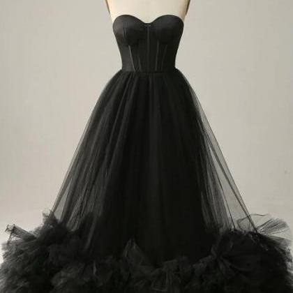 Sweetheart Black Corset Prom Dress With Ruffled