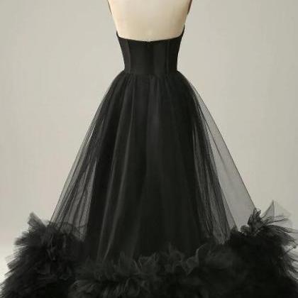 Sweetheart Black Corset Prom Dress With Ruffled