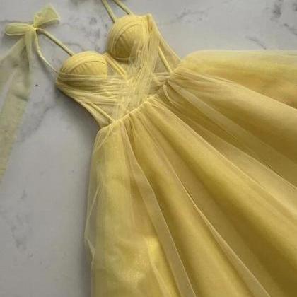 Yellow Tulle Long Prom Dresses A-Line Evening Dresses