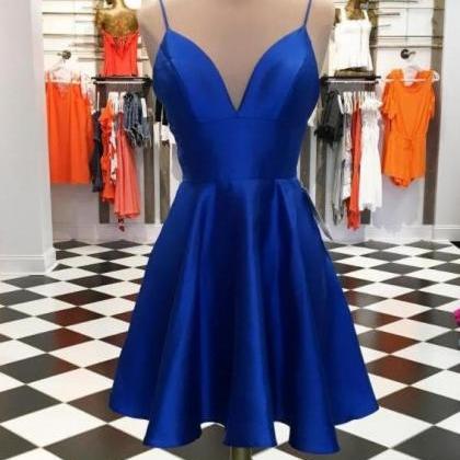 Spaghetti Strap Royal Blue Short Prom Dresses