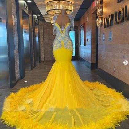 Sexy Yellow Prom Dresses, Feather Prom Dresses..