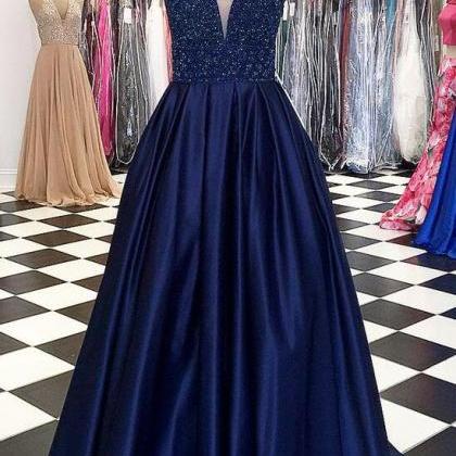 Simple Navy Blue Stain Prom Dress Long Evening..