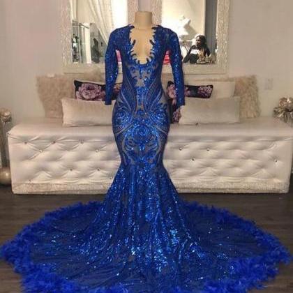 Mermaid Royal Blue Prom Dress Long Sleeves Sequin..