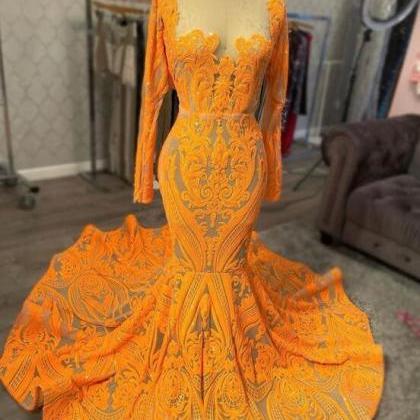 Orange Illusion Neck Long Sleeves Sequin Prom..
