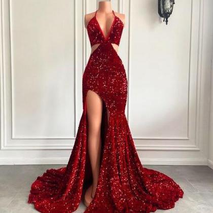 Sexy Halter Neck Sequin Burgundy Prom Dresses With..