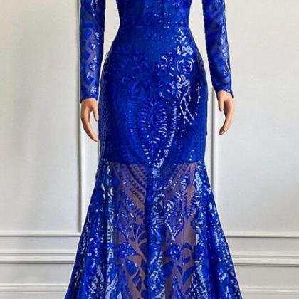Royal Blue V Neck Long Sleeves Sequin Prom Dress..