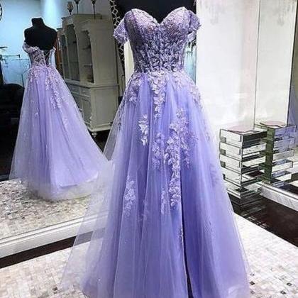 Off The Shoulder Tulle Lavender Prom Dresses With..
