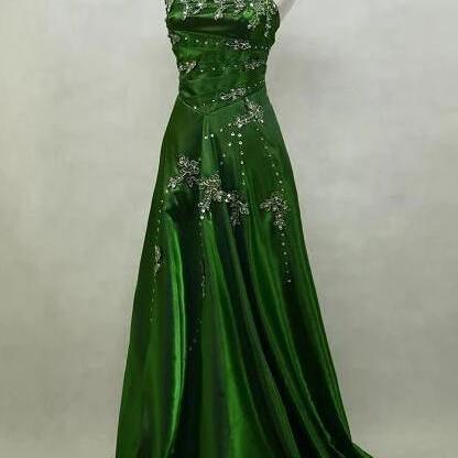 Spaghetti Straps Green A-line Beaded Prom Dresses..