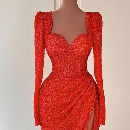 Mermaid Style Long Red Long Sleeve Evening Dress..