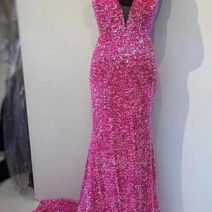 Shiny Pink Spaghetti Straps Sequin Mermaid Long Prom Dress,DP1243